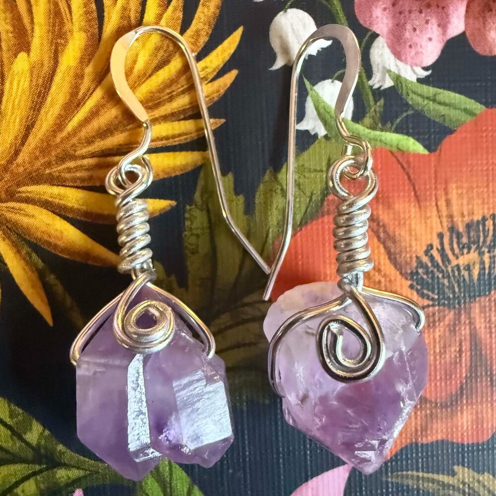Handmade Earring Set Natural Purple Amethyst Freeform & Silver Wire Wrapping